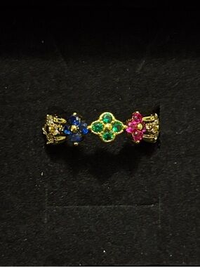 Gold-Tone Floral Ring with Pink, Blue & Green Stones